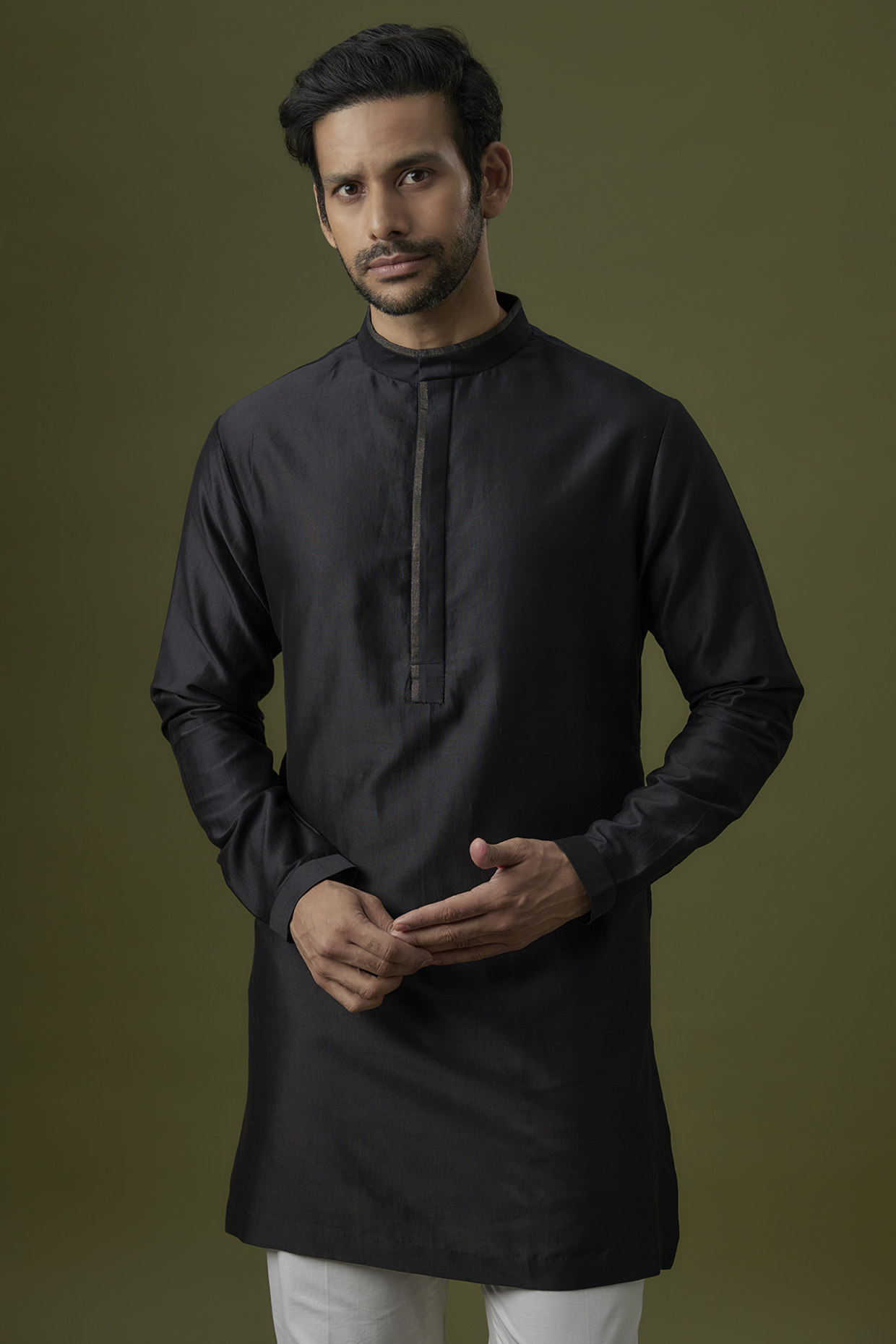 Black Cotton Silk Kurta by Antar Agni Men