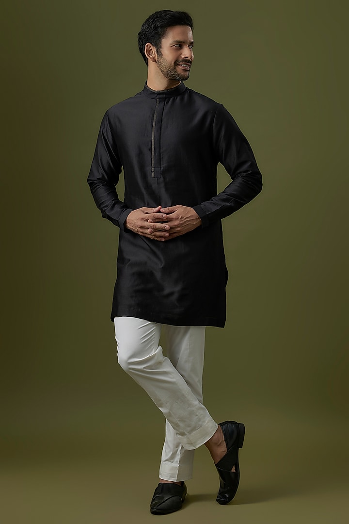 Black Cotton Silk Kurta by Antar Agni Men at Pernia's Pop Up Shop