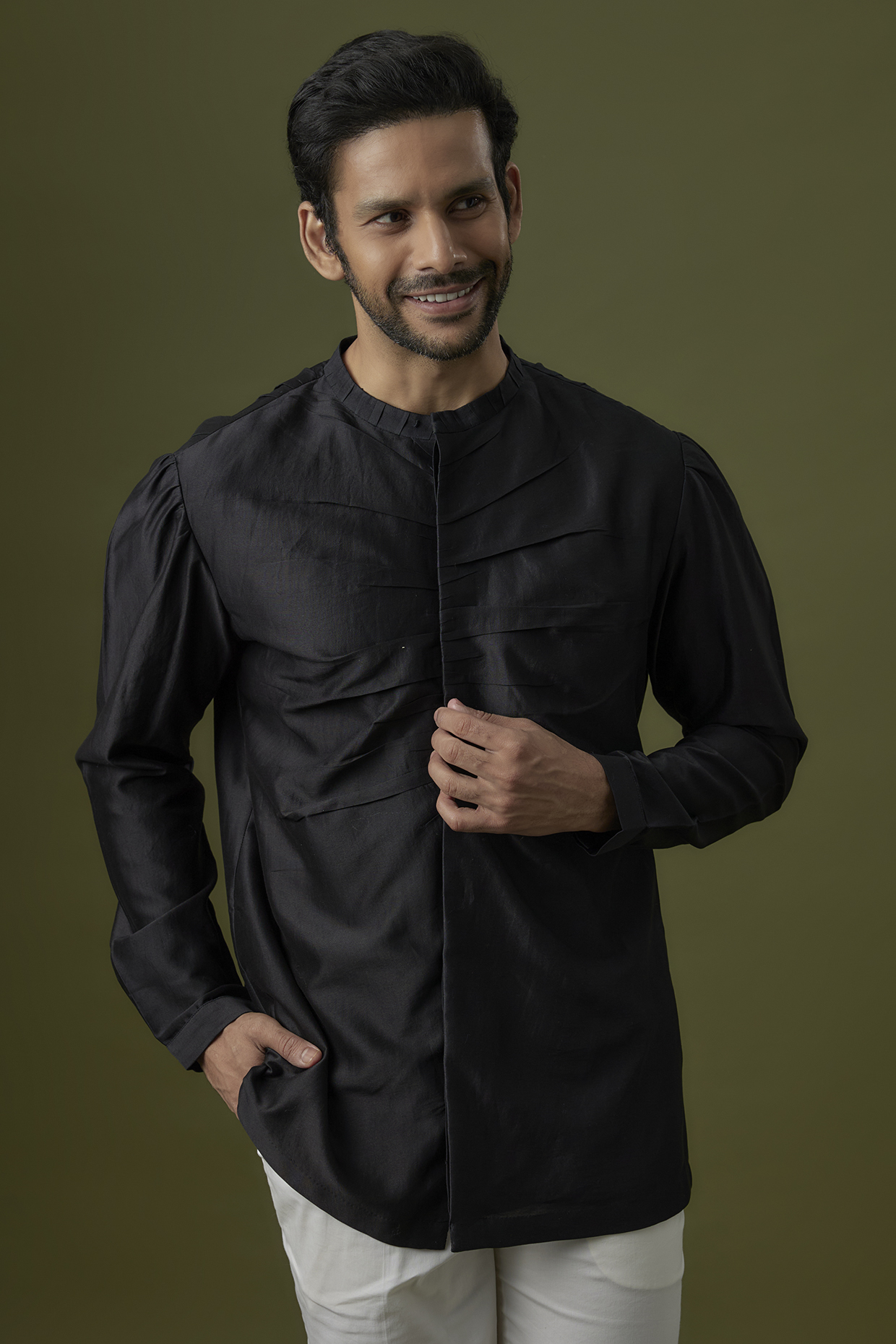 Black Cotton Silk Kurta by Antar Agni Men