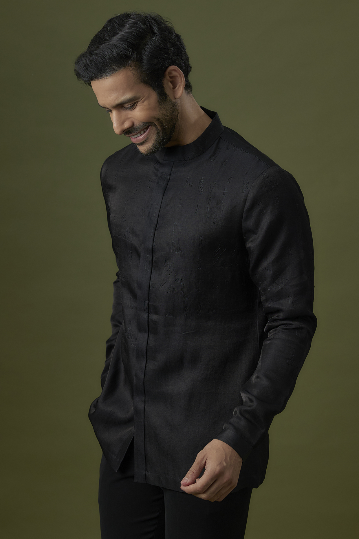 Black Cotton Silk Thread Embroidered Kurta by Antar Agni Men