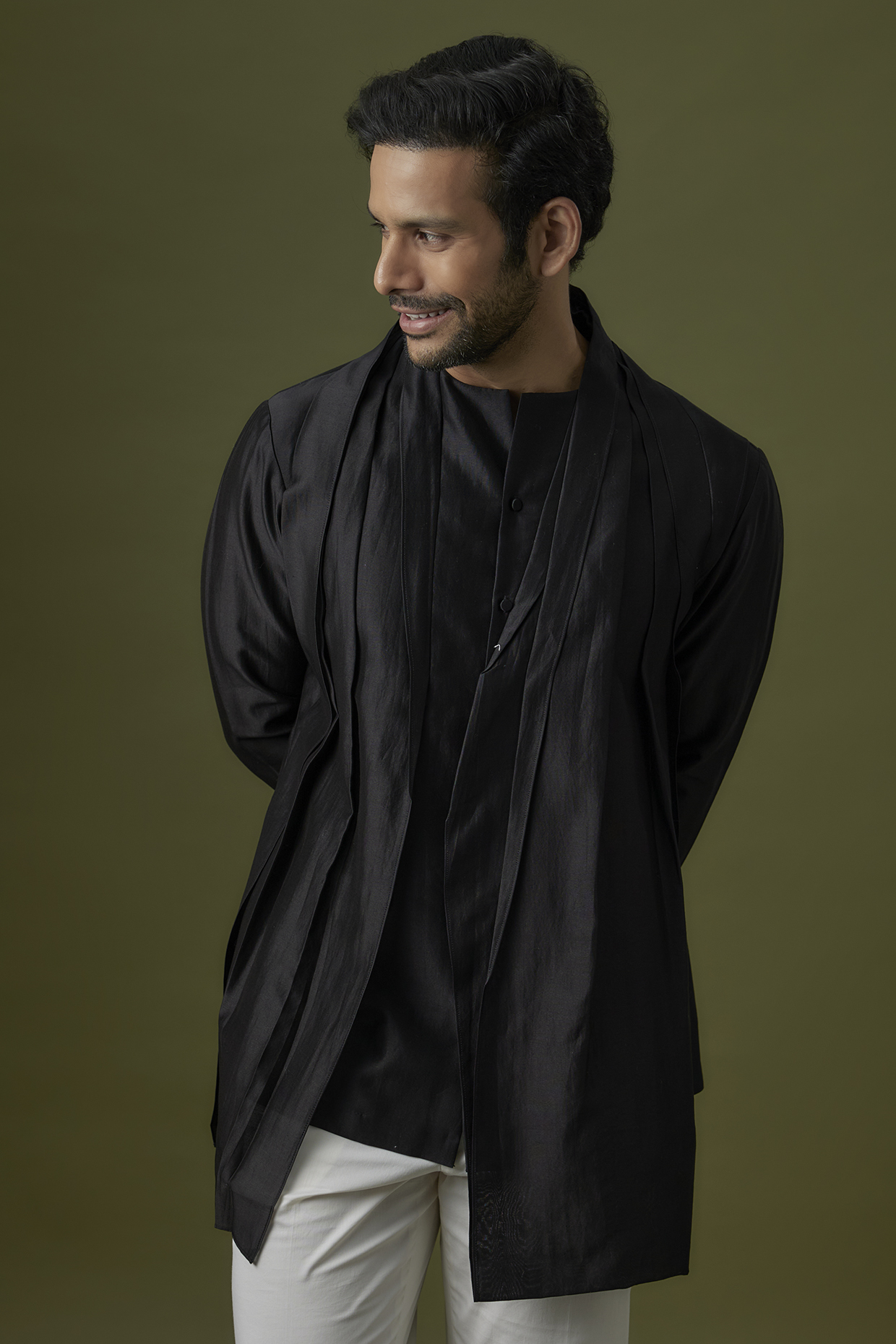 Black Cotton Silk Asymmetric Kurta by Antar Agni Men