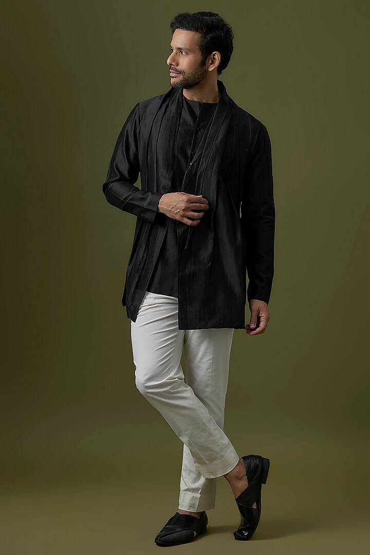Black Cotton Silk Asymmetric Kurta by Antar Agni Men at Pernia's Pop Up Shop