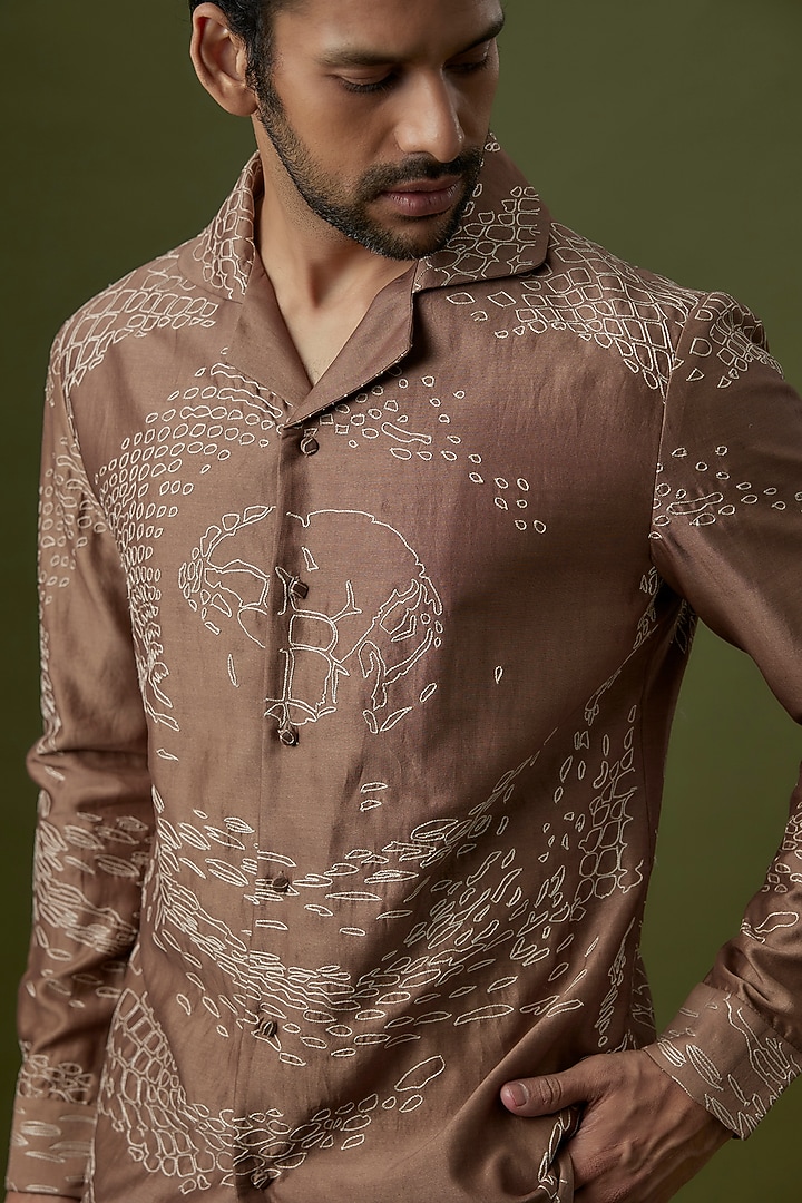 Caramel Cotton Silk Wedding Shirt by Antar Agni Men at Pernia's Pop Up Shop