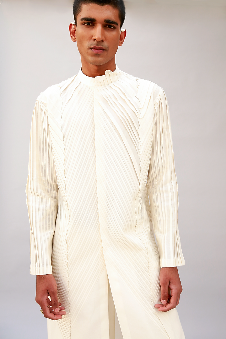 Ivory Cotton Silk Long Kurta by Antar Agni Men at Pernia's Pop Up Shop