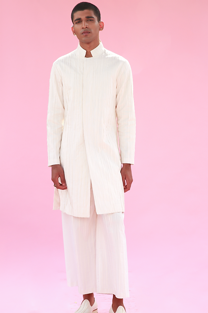 Ivory Cotton Silk Long Wedding Indowestern Jacket by Antar Agni Men at Pernia's Pop Up Shop