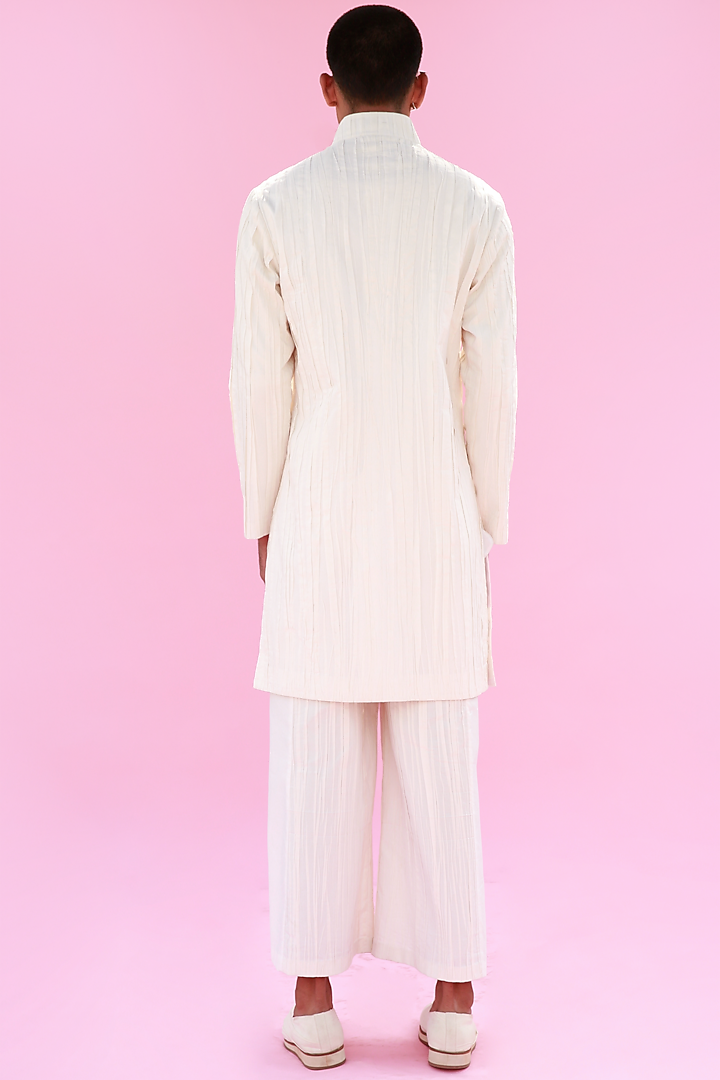 Ivory Cotton Silk Long Wedding Indowestern Jacket by Antar Agni Men at Pernia's Pop Up Shop