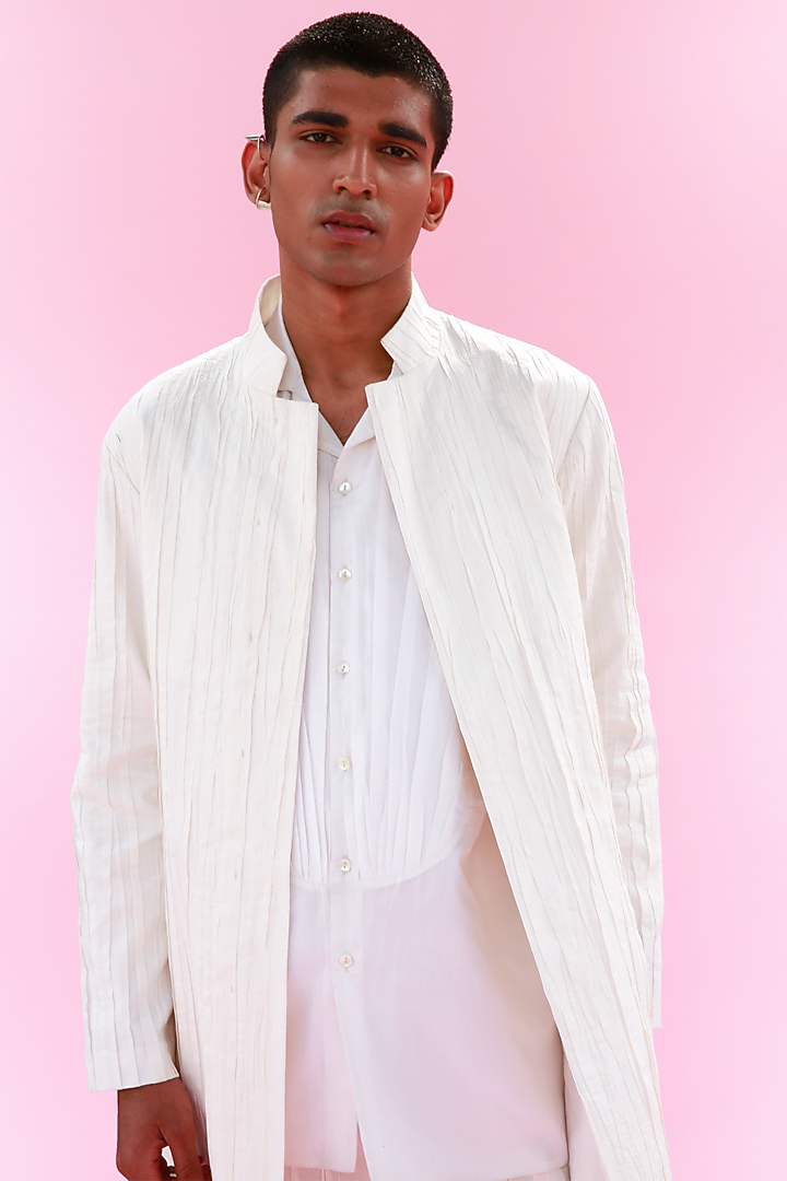 Ivory Cotton Silk Long Wedding Indowestern Jacket by Antar Agni Men at Pernia's Pop Up Shop