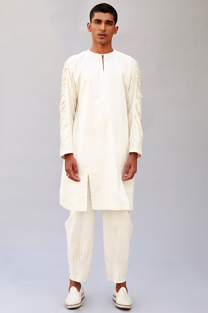 Ivory Cotton Silk Short Kurta by Antar Agni Men