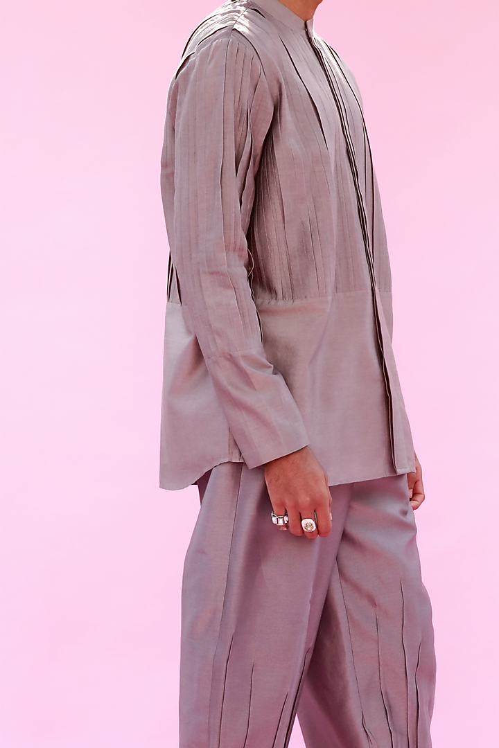 Grey Block Pleated Wedding Shirt by Antar Agni Men at Pernia's Pop Up Shop