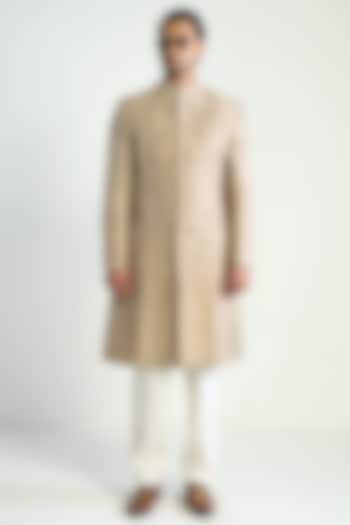 Hemp-Colored Silk Blend Embroidered Groom Indowestern by Antar Agni Men at Pernia's Pop Up Shop