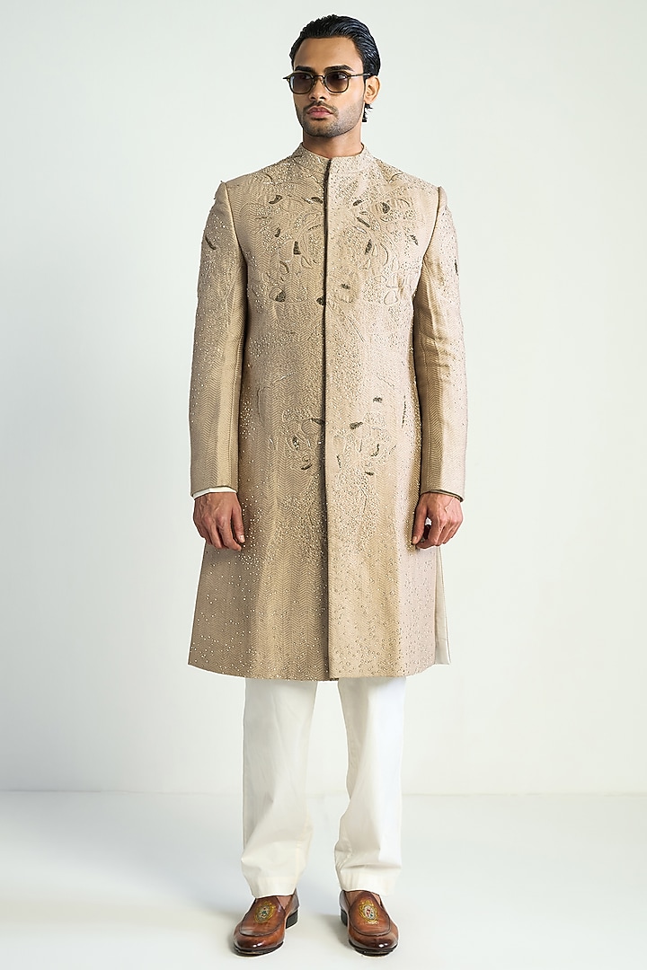 Hemp-Colored Silk Blend Embroidered Groom Indowestern by Antar Agni Men at Pernia's Pop Up Shop