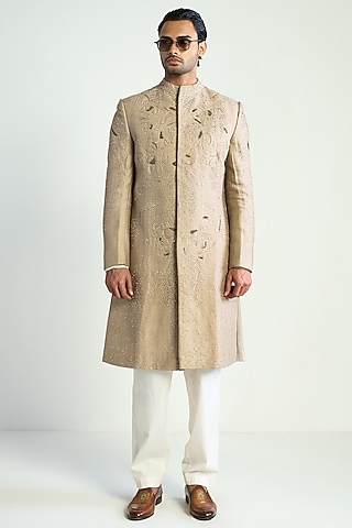 Hemp-Colored Silk Blend Embroidered Indowestern by Antar Agni Men
