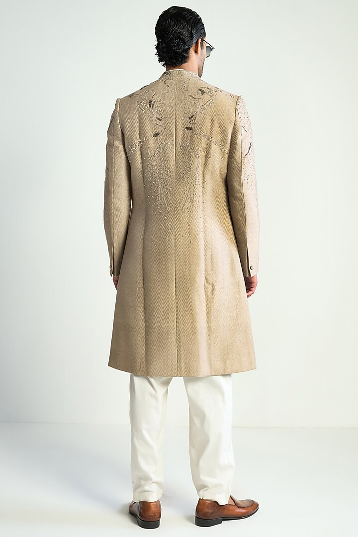 Hemp-Colored Silk Blend Embroidered Groom Indowestern by Antar Agni Men at Pernia's Pop Up Shop
