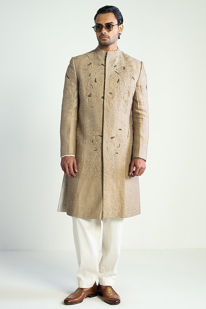 Hemp-Colored Silk Blend Embroidered Groom Indowestern by Antar Agni Men at Pernia's Pop Up Shop