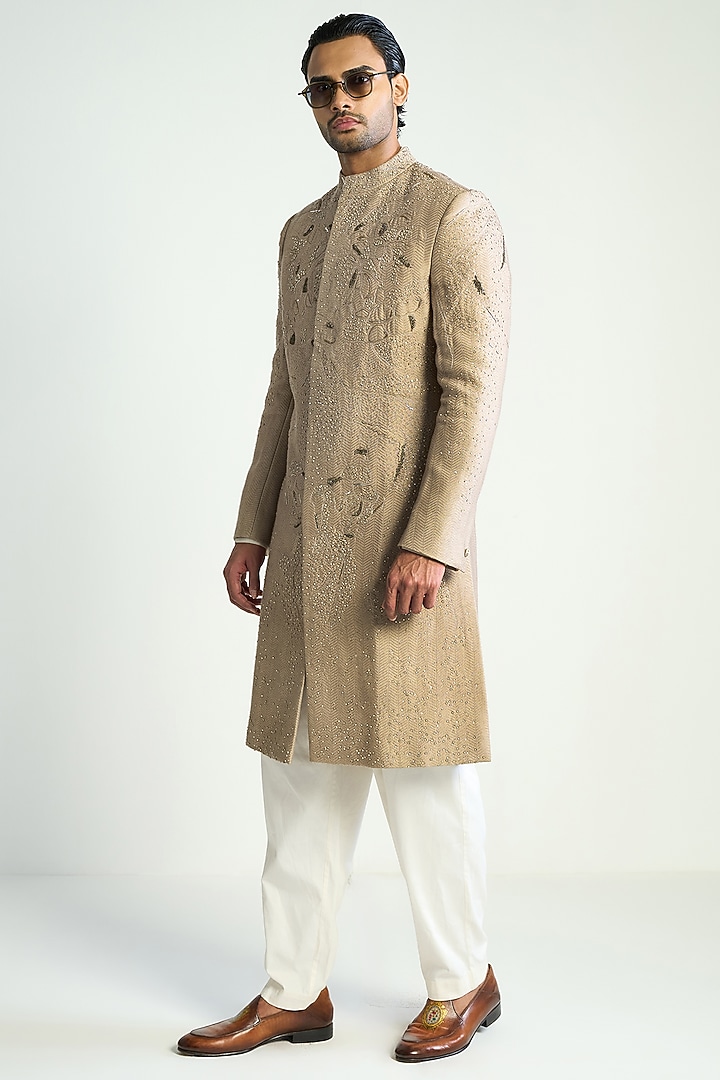 Hemp-Colored Silk Blend Embroidered Groom Indowestern by Antar Agni Men at Pernia's Pop Up Shop