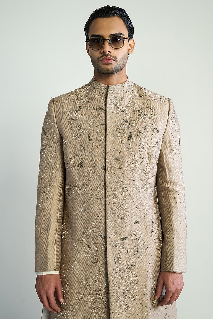 Hemp-Colored Silk Blend Embroidered Groom Indowestern by Antar Agni Men at Pernia's Pop Up Shop