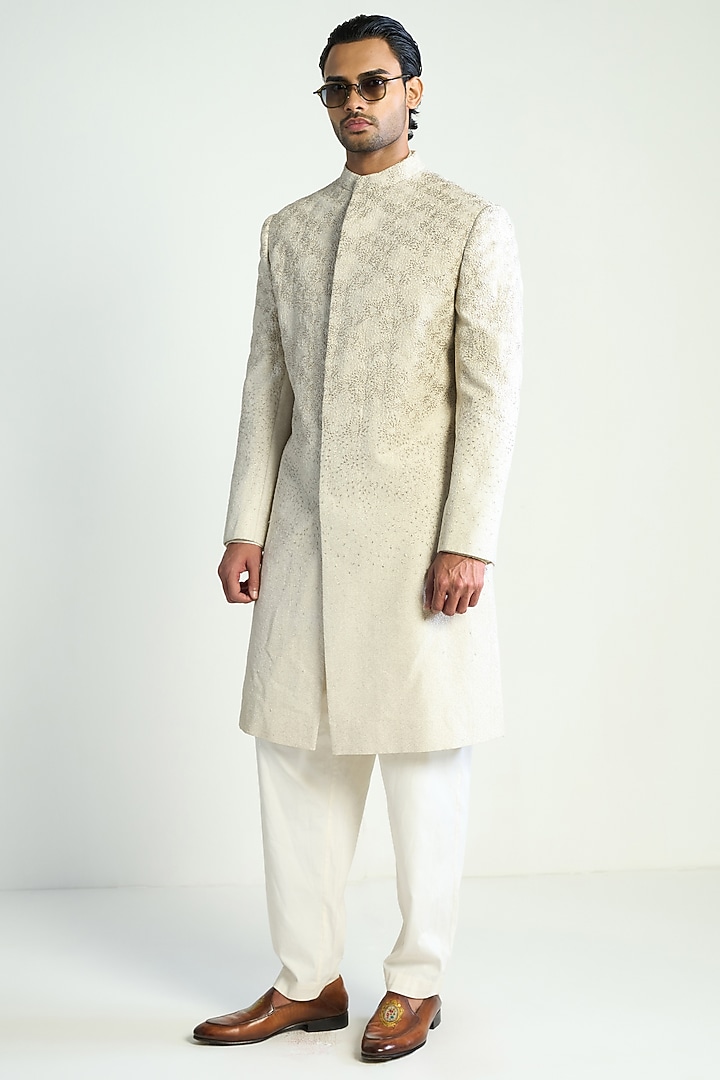 Ivory Cotton Silk Embroidered Groom Indowestern Jacket by Antar Agni Men at Pernia's Pop Up Shop