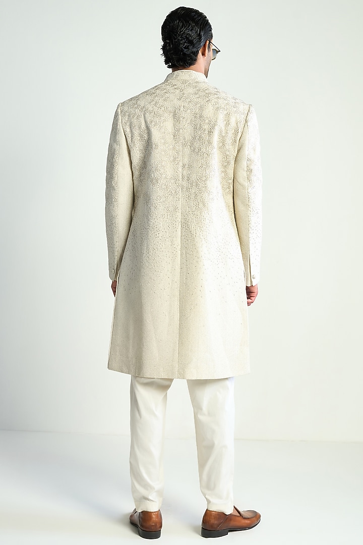 Ivory Cotton Silk Embroidered Groom Indowestern Jacket by Antar Agni Men at Pernia's Pop Up Shop
