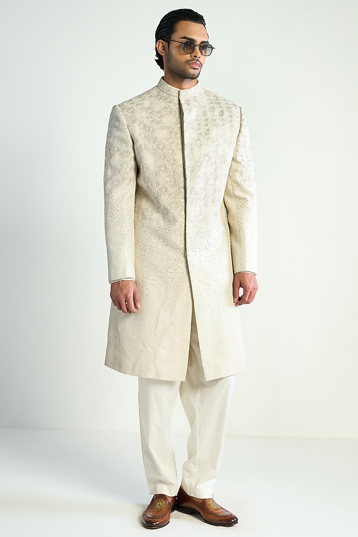 Ivory Cotton Silk Embroidered Groom Indowestern Jacket by Antar Agni Men at Pernia's Pop Up Shop