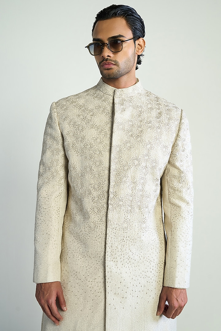 Ivory Cotton Silk Embroidered Groom Indowestern Jacket by Antar Agni Men at Pernia's Pop Up Shop