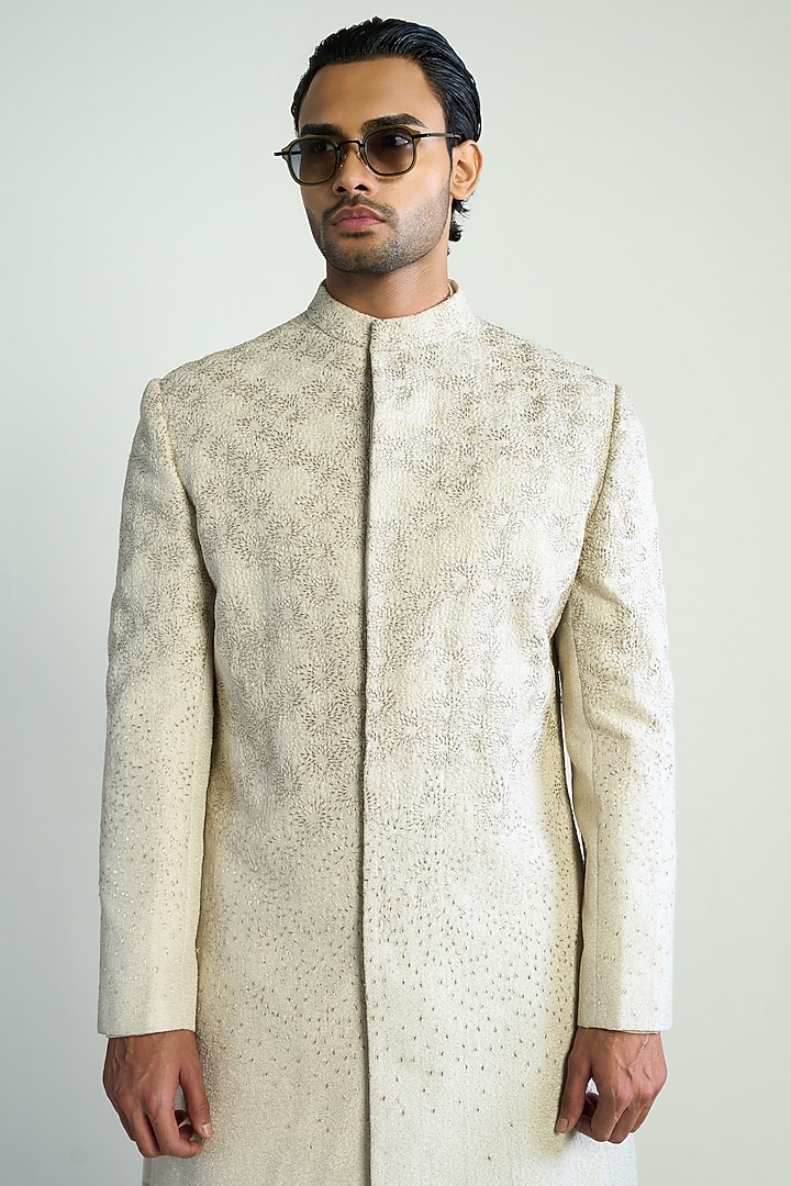 Ivory Cotton Silk Embroidered Groom Indowestern Jacket by Antar Agni Men at Pernia's Pop Up Shop