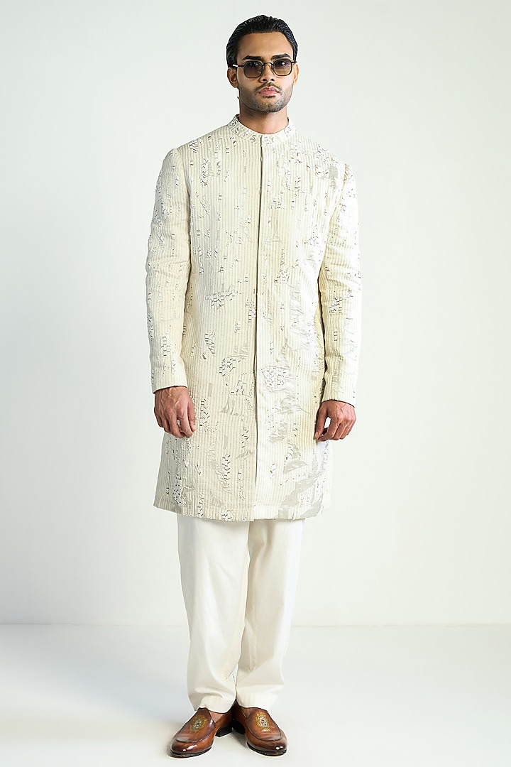 Ivory Silk Blend Embellished Kurta by Antar Agni Men at Pernia's Pop Up Shop