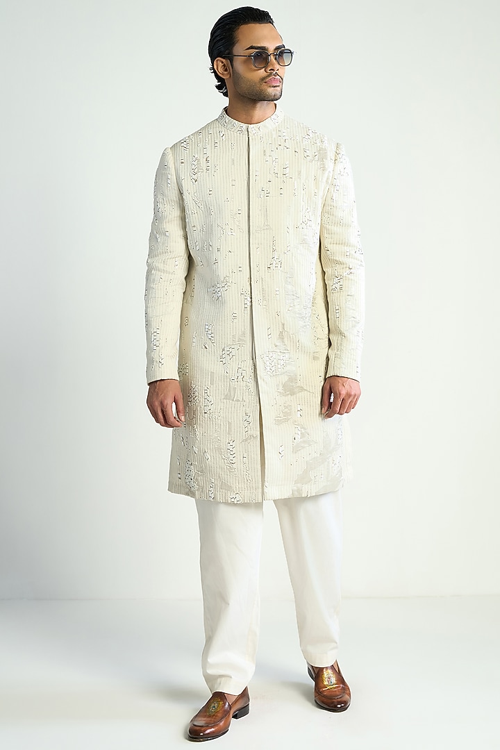 Ivory Silk Blend Embellished Kurta by Antar Agni Men at Pernia's Pop Up Shop