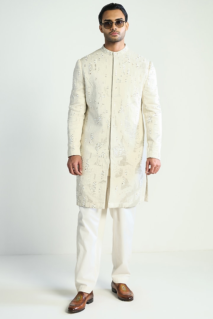 Ivory Silk Blend Embellished Kurta by Antar Agni Men at Pernia's Pop Up Shop