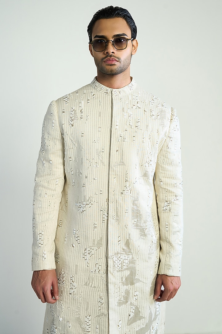 Ivory Silk Blend Embellished Kurta by Antar Agni Men at Pernia's Pop Up Shop