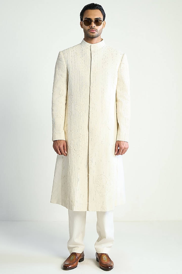 Ivory Cotton Silk Embroidered Groom Indowestern Jacket by Antar Agni Men at Pernia's Pop Up Shop
