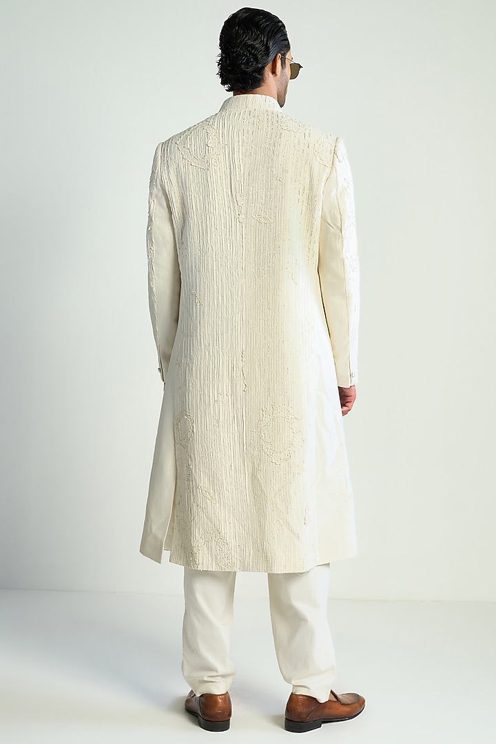 Ivory Cotton Silk Embroidered Groom Indowestern Jacket by Antar Agni Men at Pernia's Pop Up Shop