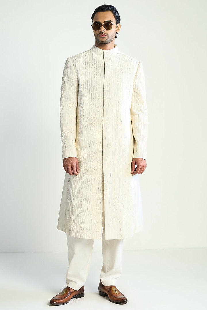 Ivory Cotton Silk Embroidered Groom Indowestern Jacket by Antar Agni Men at Pernia's Pop Up Shop