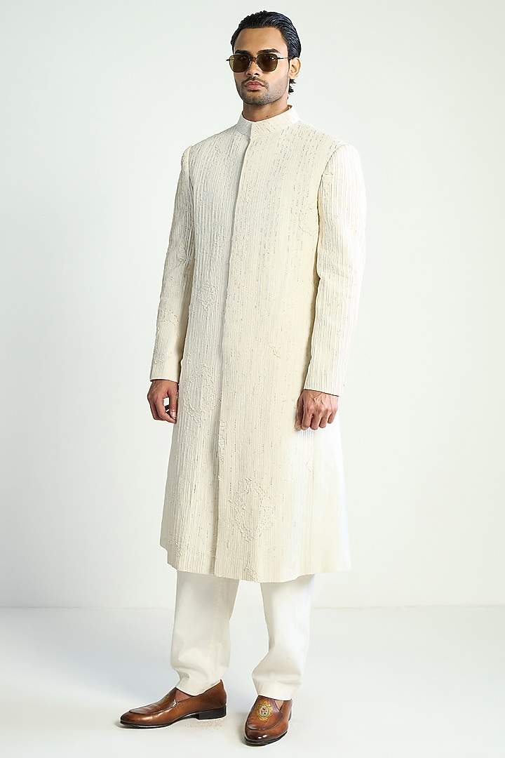 Ivory Cotton Silk Embroidered Groom Indowestern Jacket by Antar Agni Men at Pernia's Pop Up Shop