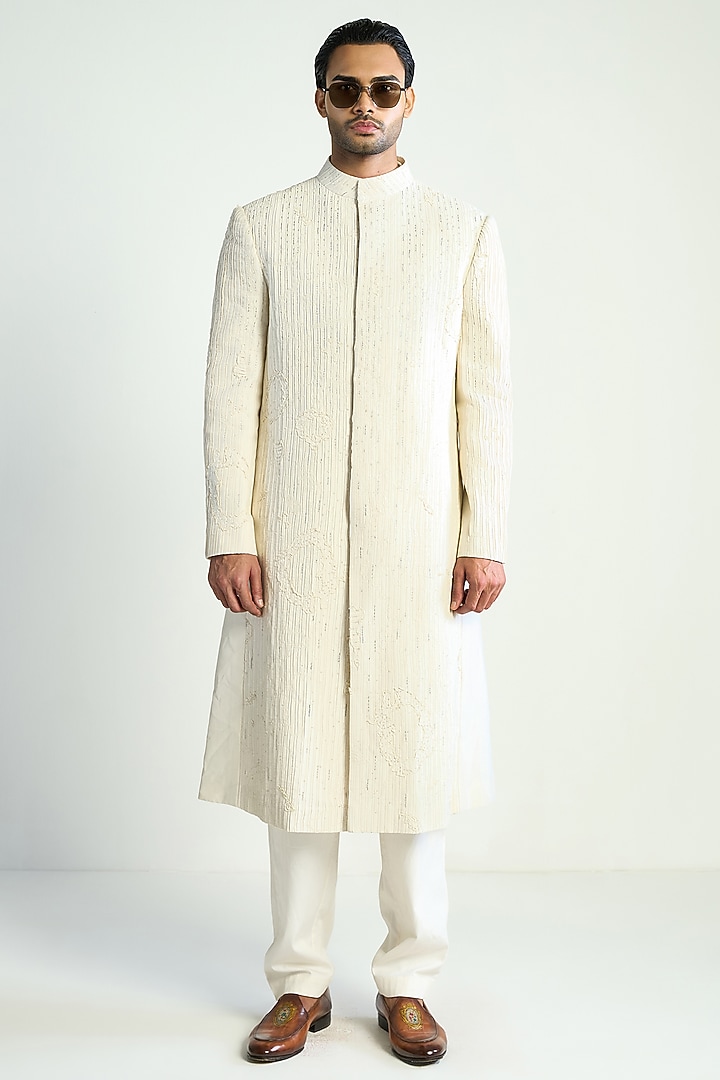 Ivory Cotton Silk Embroidered Groom Indowestern Jacket by Antar Agni Men at Pernia's Pop Up Shop