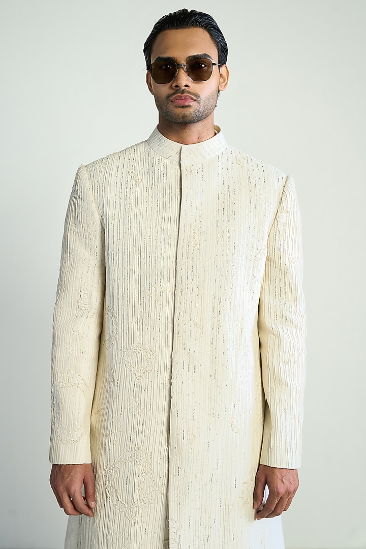 Ivory Cotton Silk Embroidered Groom Indowestern Jacket by Antar Agni Men at Pernia's Pop Up Shop
