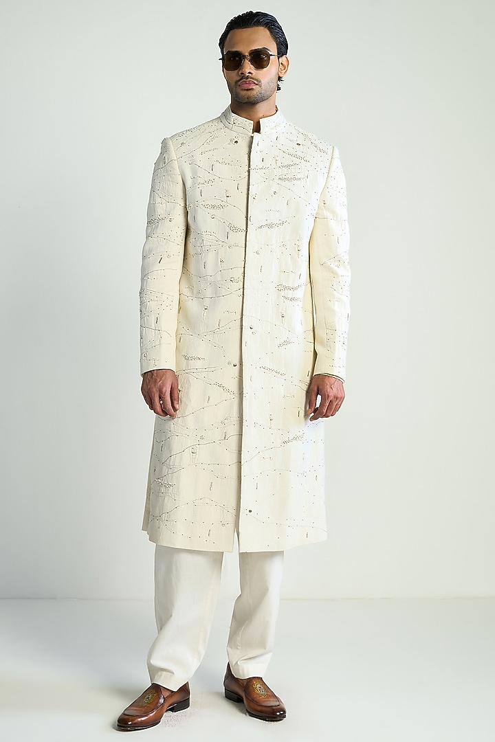 Ivory Handwoven Cotton Embroidered Groom Indowestern Jacket by Antar Agni Men at Pernia's Pop Up Shop