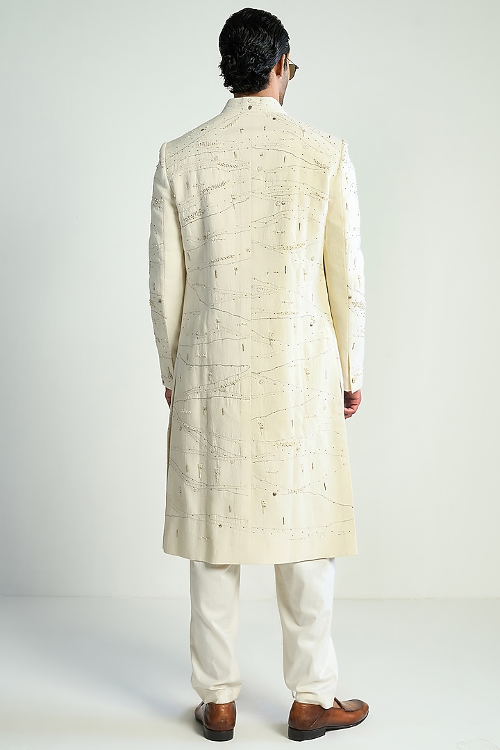 Ivory Handwoven Cotton Embroidered Groom Indowestern Jacket by Antar Agni Men at Pernia's Pop Up Shop