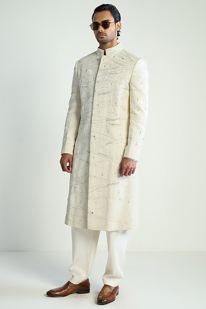 Ivory Handwoven Cotton Embroidered Groom Indowestern Jacket by Antar Agni Men at Pernia's Pop Up Shop