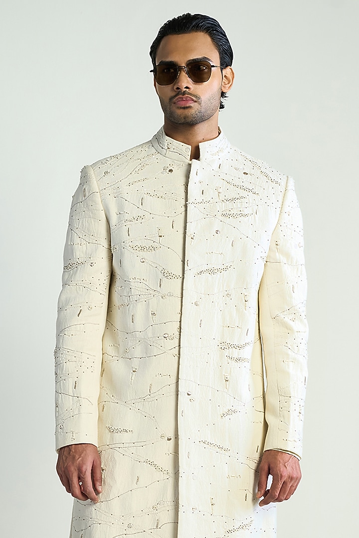Ivory Handwoven Cotton Embroidered Groom Indowestern Jacket by Antar Agni Men at Pernia's Pop Up Shop