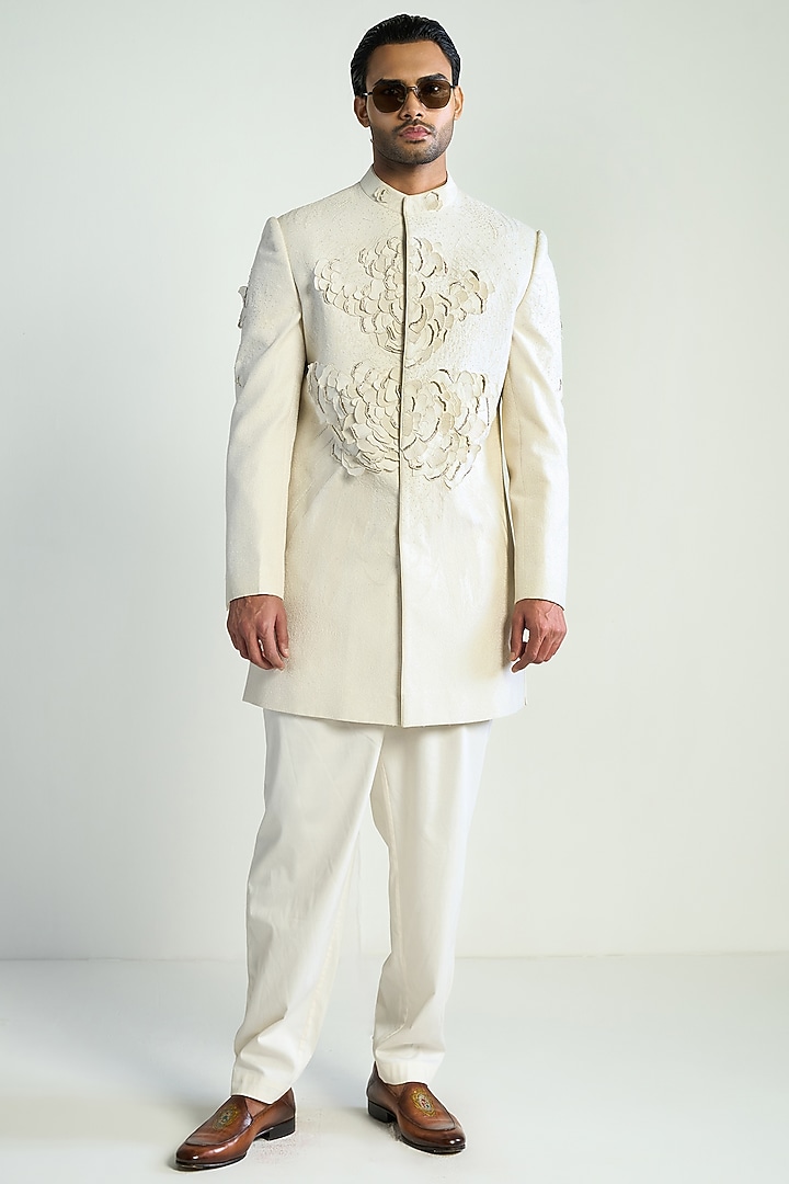 Ivory Cotton Silk Embroidered Groom Indowestern Jacket by Antar Agni Men at Pernia's Pop Up Shop