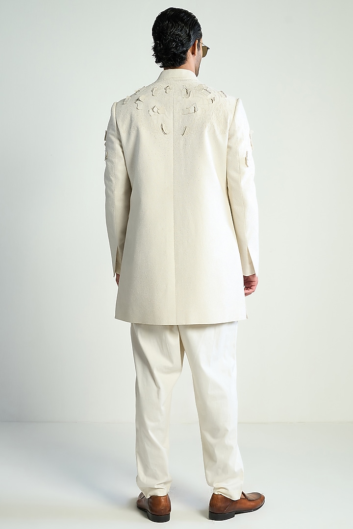 Ivory Cotton Silk Embroidered Groom Indowestern Jacket by Antar Agni Men at Pernia's Pop Up Shop