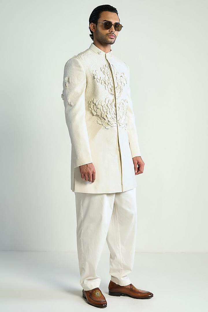 Ivory Cotton Silk Embroidered Groom Indowestern Jacket by Antar Agni Men at Pernia's Pop Up Shop