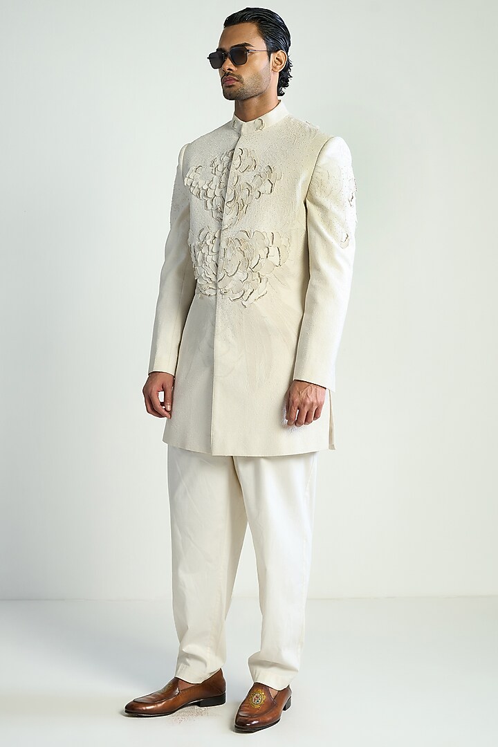 Ivory Cotton Silk Embroidered Groom Indowestern Jacket by Antar Agni Men at Pernia's Pop Up Shop
