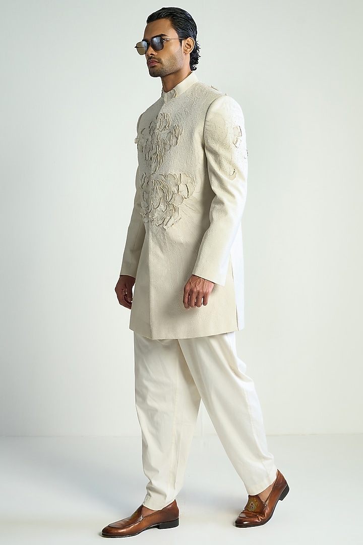 Ivory Cotton Silk Embroidered Groom Indowestern Jacket by Antar Agni Men at Pernia's Pop Up Shop