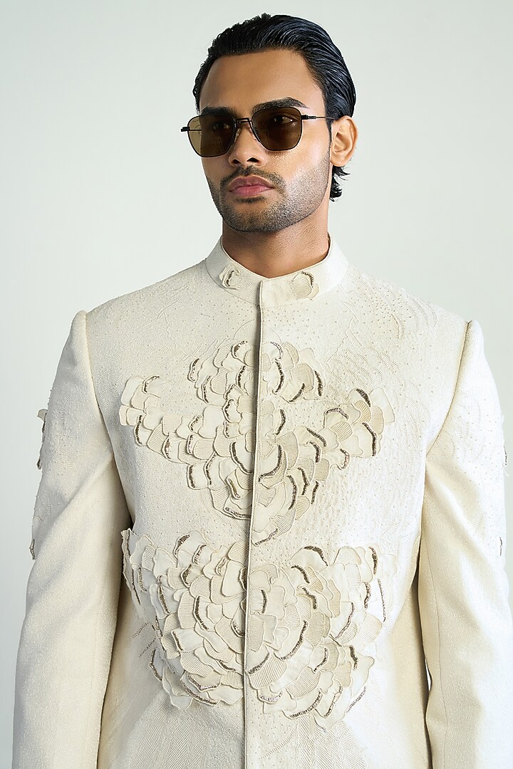 Ivory Cotton Silk Embroidered Groom Indowestern Jacket by Antar Agni Men at Pernia's Pop Up Shop