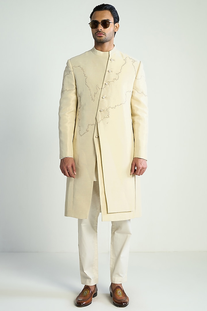 Ivory Tissue Embroidered Wedding Indowestern Jacket by Antar Agni Men at Pernia's Pop Up Shop