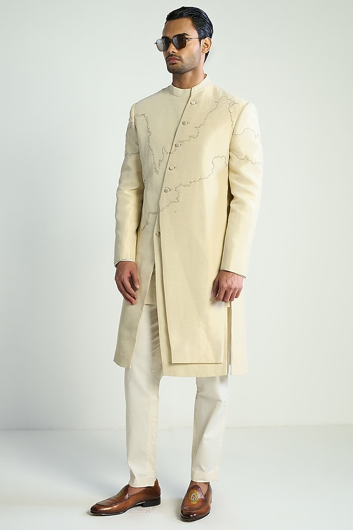 Ivory Tissue Embroidered Wedding Indowestern Jacket by Antar Agni Men at Pernia's Pop Up Shop