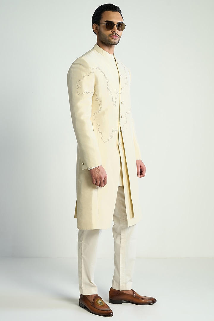 Ivory Tissue Embroidered Wedding Indowestern Jacket by Antar Agni Men at Pernia's Pop Up Shop