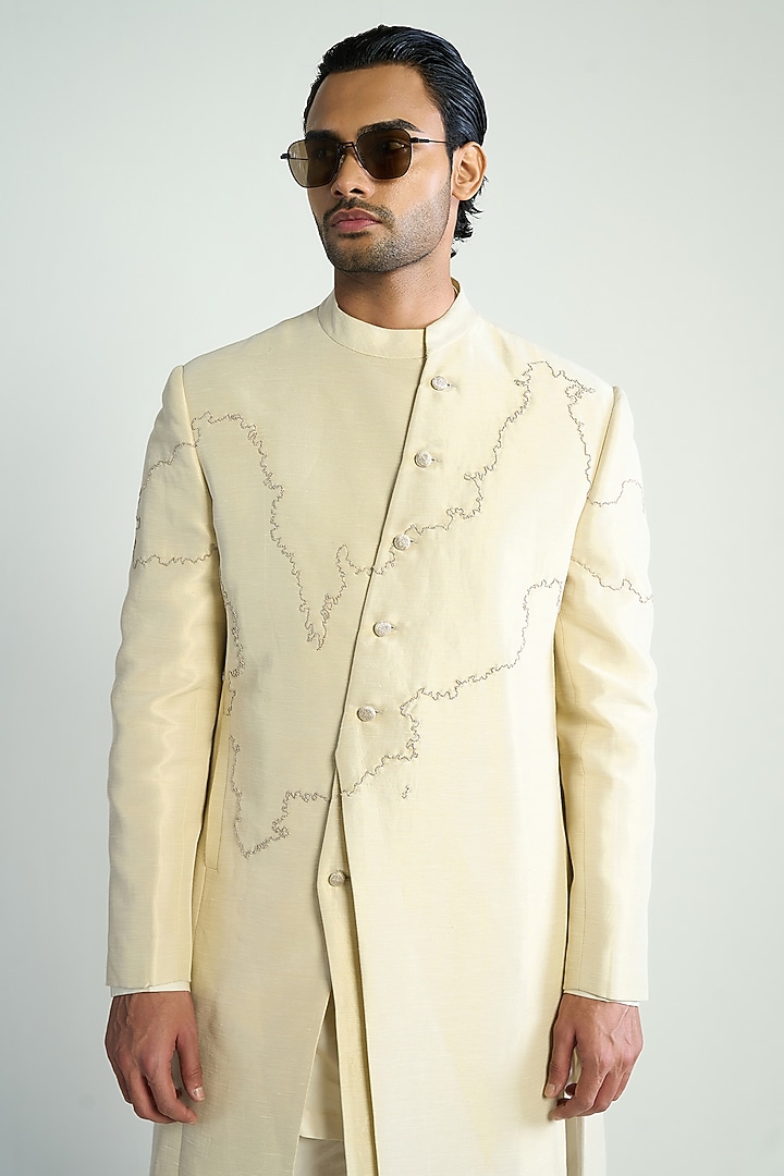 Ivory Tissue Embroidered Wedding Indowestern Jacket by Antar Agni Men at Pernia's Pop Up Shop
