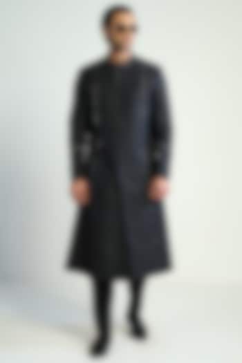 Black Cotton Silk Satin Embellished Groom Indowestern Jacket by Antar Agni Men at Pernia's Pop Up Shop